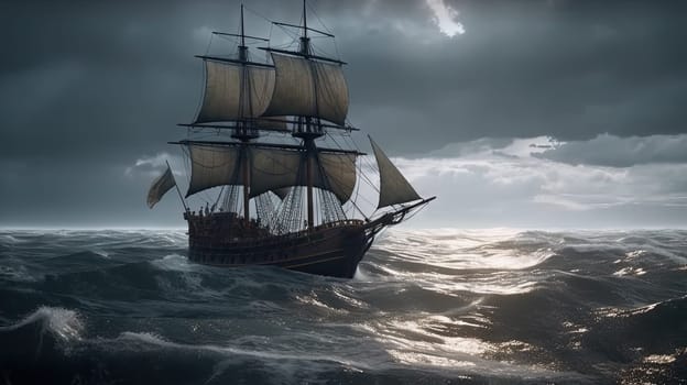 Ship in the stormy sea with huge waves. Giant stormy waves in the ocean and boat. Generated AI