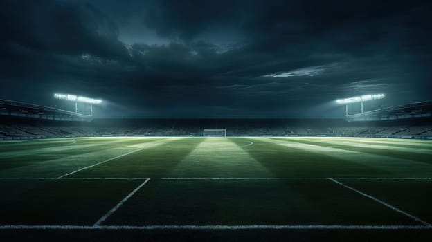 Illuminated stadium with green grass in the evening before the sport game championship. Generated AI