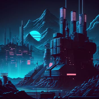 Retro game landscape in 80s style with industrial city district, neon lights and synthwave pixel graphics. Generated AI