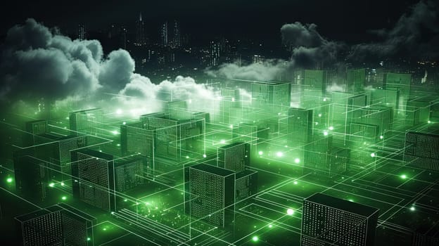 Concept of a digital city with cloud connections. Futuristic network in the clouds. Generated AI