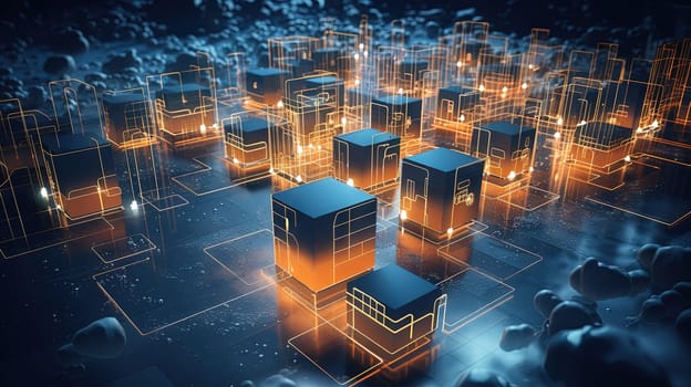 Concept of a digital city with cloud connections. Futuristic network in the clouds. Generated AI