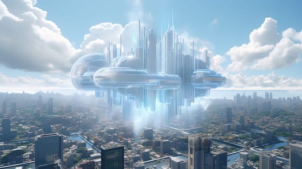 Concept of a digital city with cloud connections. Futuristic network in the clouds. Generated AI
