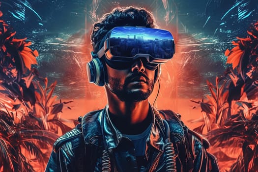 VR goggles technology concept with wearable glasses device. Virtual reality futuristic immersive experience. Generated AI