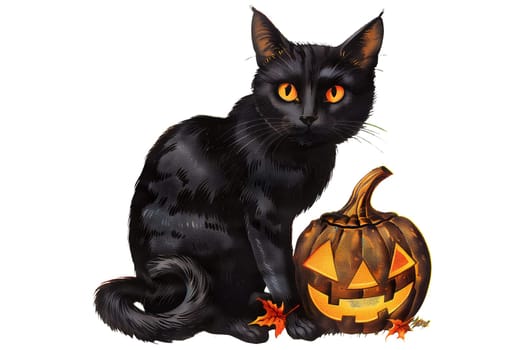 Vintage illustration of a Black cat sitting next to a pumpkin on Halloween