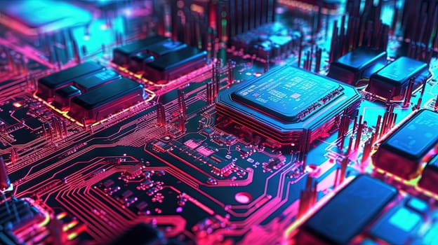 Motherboard with chips and connections in purple and blue neon lights. Technology background with microchips on hardware circuitboard. Generated AI