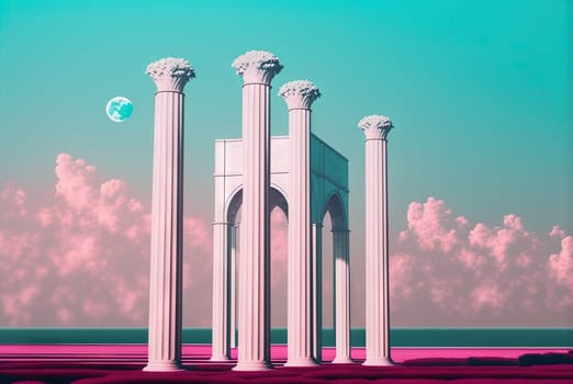 Vaporwave landscape with abstract building with pillars. 80s styled pink and blue minimalistic architectural scene. Generated AI
