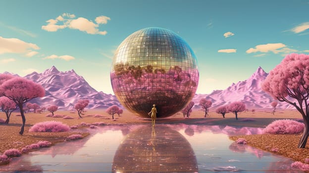 Surreal vaporwave scene with golden ball on the landscape with mountains and sea. 90s styled abstract surreal pink composition. Generated AI