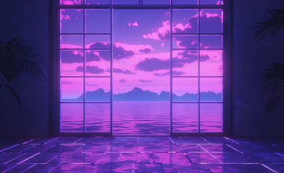 Open window with tropical landscape and ocean in vaporwave style. Purple sundown in 90s style room, vacation calmness frame. Generated AI