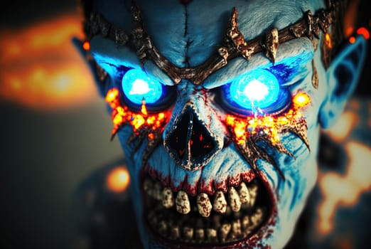 Techno zombie woth neon lights and shiny eyes. Cyberpunk horror party concept. Generated AI