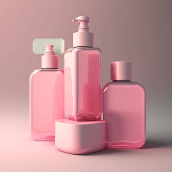 Cosmetics bottles mockup. Empty pink bottles on the pink background. Generative AI