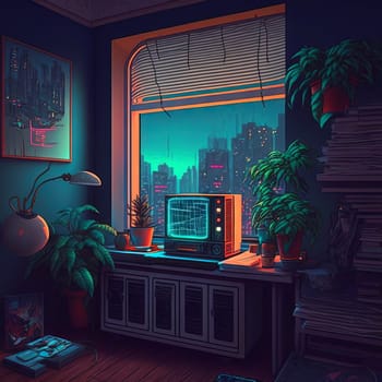 Nostalgic retro room in 80s synthwave or cyberpunk style. Futuristic neon interior of the 90s styled apartment with tv screen or computer monitor
