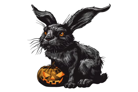 A black rabbit sits on a pumpkin with a scary face. The rabbit is looking at the camera with a menacing expression. The pumpkin is decorated with a scary face