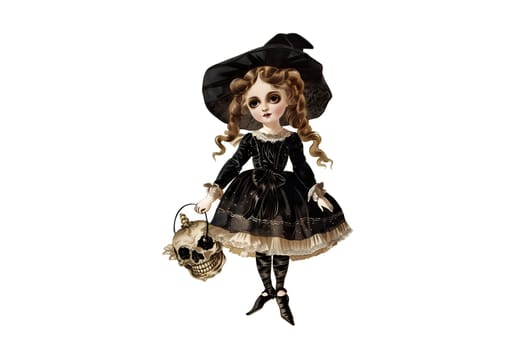 A little girl dressed in a witch costume with a pumpkin basket. She is smiling and looking up at the camera
