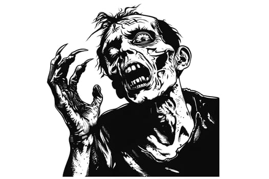 A zombie with a mouth open and teeth bared. The skull is drawn in black and white