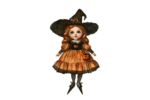 A little girl dressed in a witch Halloween costume with a pumpkin basket cut out vintage illustration