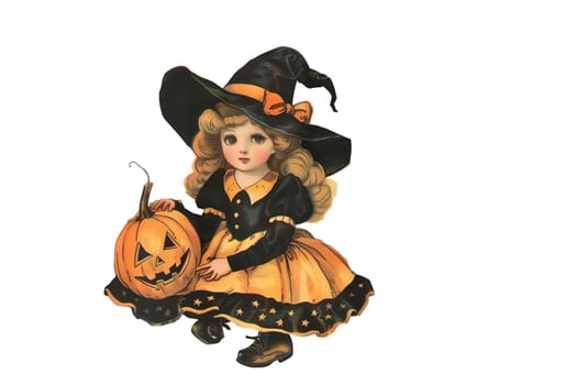 A little girl dressed in a witch costume with a pumpkin basket. She is smiling and looking up at the camera