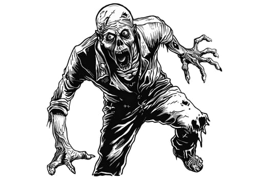 A zombie with a mouth open and teeth bared. The skull is drawn in black and white