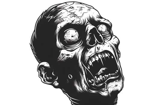 A skull with a mouth open and teeth bared. The skull is drawn in black and white