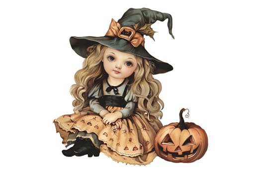A little girl dressed in a witch costume with a pumpkin basket. She is smiling and looking up at the camera