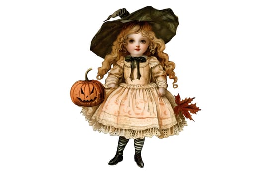 A little girl dressed in a witch costume with a pumpkin basket. She is smiling and looking up at the camera