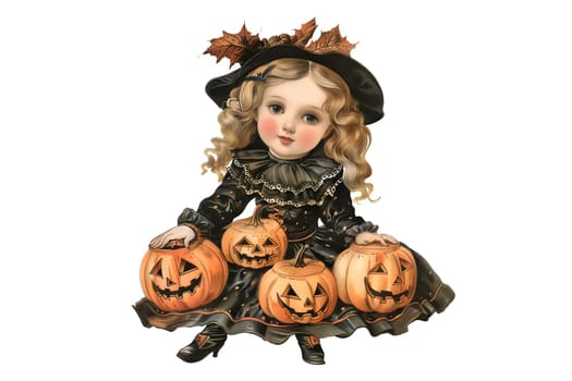 A little girl dressed in a witch costume with a pumpkin basket. She is smiling and looking up at the camera
