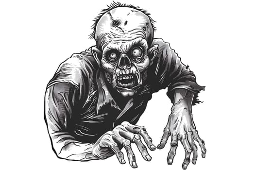 A zombie with a mouth open and teeth bared. The skull is drawn in black and white