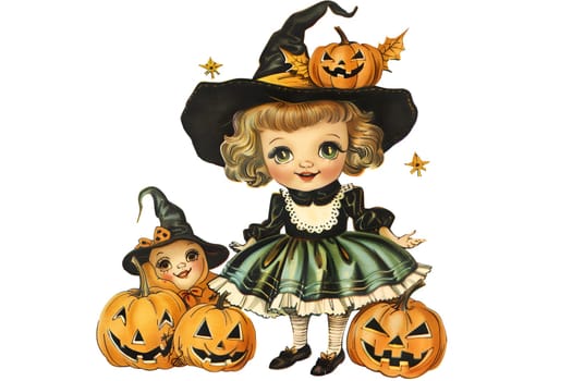 A little girl dressed in a witch costume with a pumpkin basket. She is smiling and looking up at the camera
