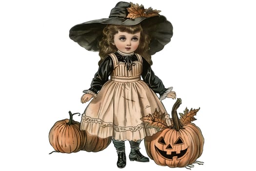 A little girl dressed in a witch costume with a pumpkin basket. She is smiling and looking up at the camera