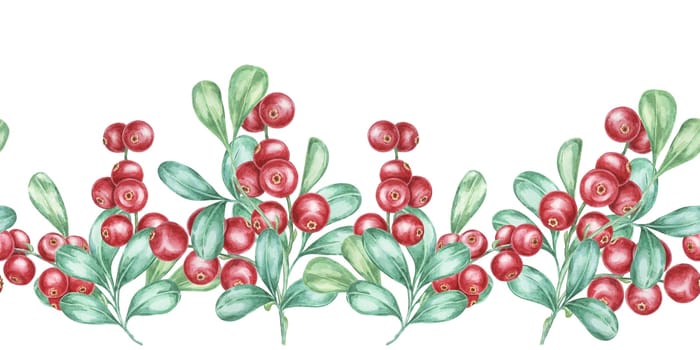 Cranberry seamless border watercolor clipart featuring clusters of vibrant red lingonberries and lush green leaves. Ideal for holiday greeting cards, festive packaging, or seasonal marketing materials