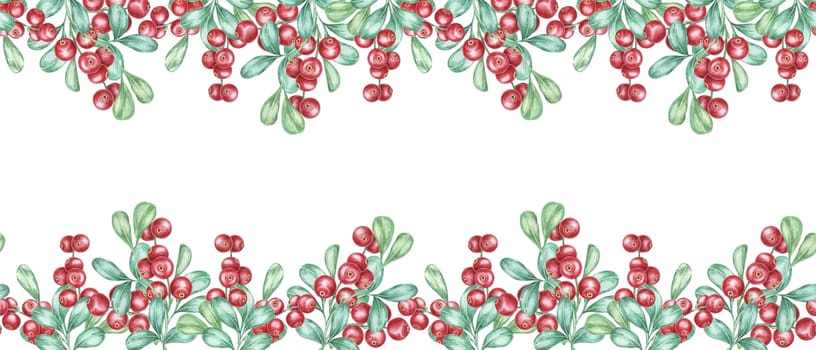 Cranberry seamless border watercolor clipart depicting an abundant pattern of red berries interwoven with green leaves. Perfect for use in holiday invitations, product labels, or digital scrapbooking.