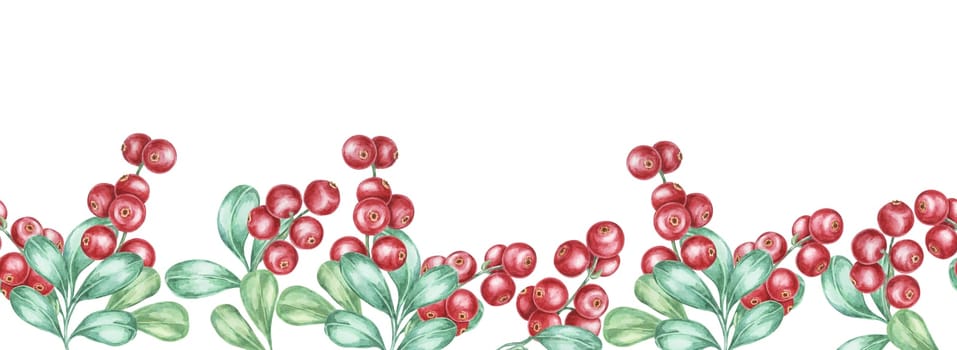 Cranberry, lingonberry seamless border watercolor clipart showcasing red berries paired with detailed green leaves. Ideal for use in seasonal brochures, kitchen decor, or handmade card designs
