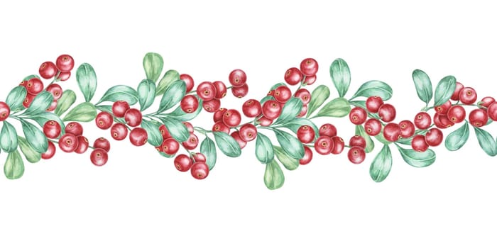 Cranberry seamless border watercolor clipart featuring intertwined lingonberry branches with bright red berries and green leaves. Perfect for recipe book illustrations, festive banners, or gift tags