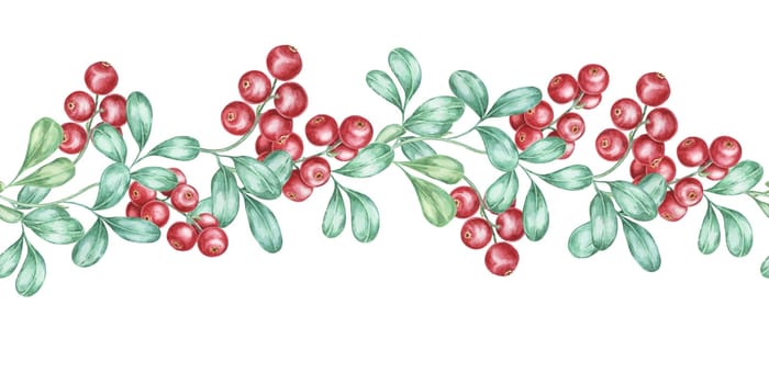 Cranberry seamless border watercolor clipart depicting a flowing arrangement of red lingonberry and soft green leaves. Ideal for use in fabric prints, holiday decoration, or culinary product packaging