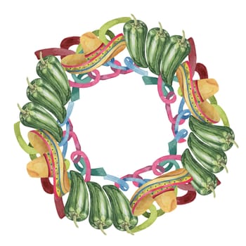 Round wreath frame with Mexican elements for Cinco de Mayo. Hand drawn jalapano, sombrero and serpentine watercolor clipart. Design in round circle form for cards, invitations, flyers