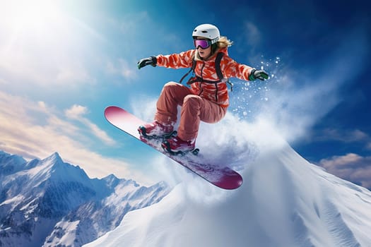 A girl in sports clothes snowboarding in winter in the mountains. High quality photo