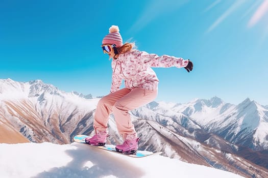 A girl in sports clothes snowboarding in winter in the mountains. High quality photo