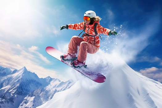 A girl in sports clothes snowboarding in winter in the mountains. High quality photo