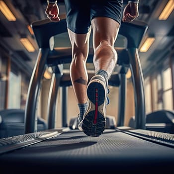 A man is running on a treadmill machine. High quality photo