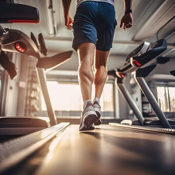 A man is running on a treadmill machine. High quality photo