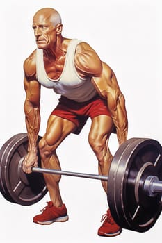 A gray-haired adult male lifting weights at the gym. High quality illustration