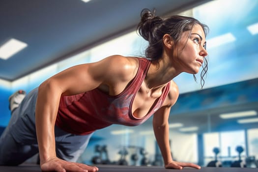 An athletic woman does push-ups at the gym. High quality photo