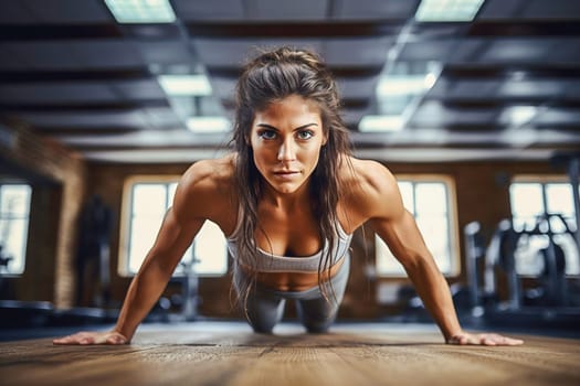 An athletic woman does push-ups at the gym. High quality photo