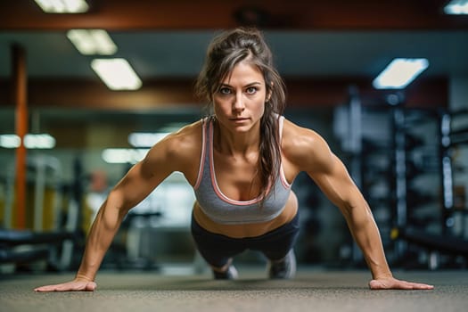 An athletic woman does push-ups at the gym. High quality photo