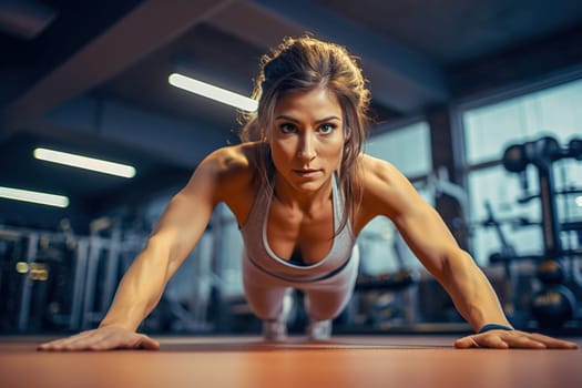 An athletic woman does push-ups at the gym. High quality photo