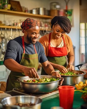 African-American man and woman preparing a salad in the kitchen. High quality photo