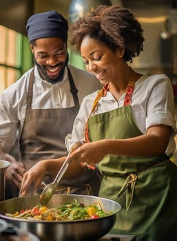 African-American man and woman preparing a salad in the kitchen. High quality photo