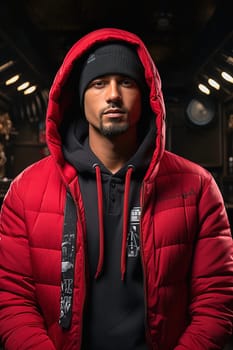 Portrait of a rapper in a red jacket. High quality photo