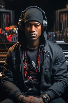 Portrait of an African-American rapper wearing headphones in his studio. High quality photo