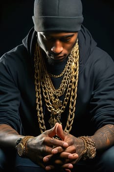 Portrait of an African American rapper with gold chains around his neck. High quality photo