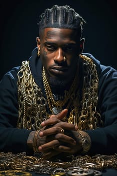 Portrait of an African American rapper with gold chains around his neck. High quality photo